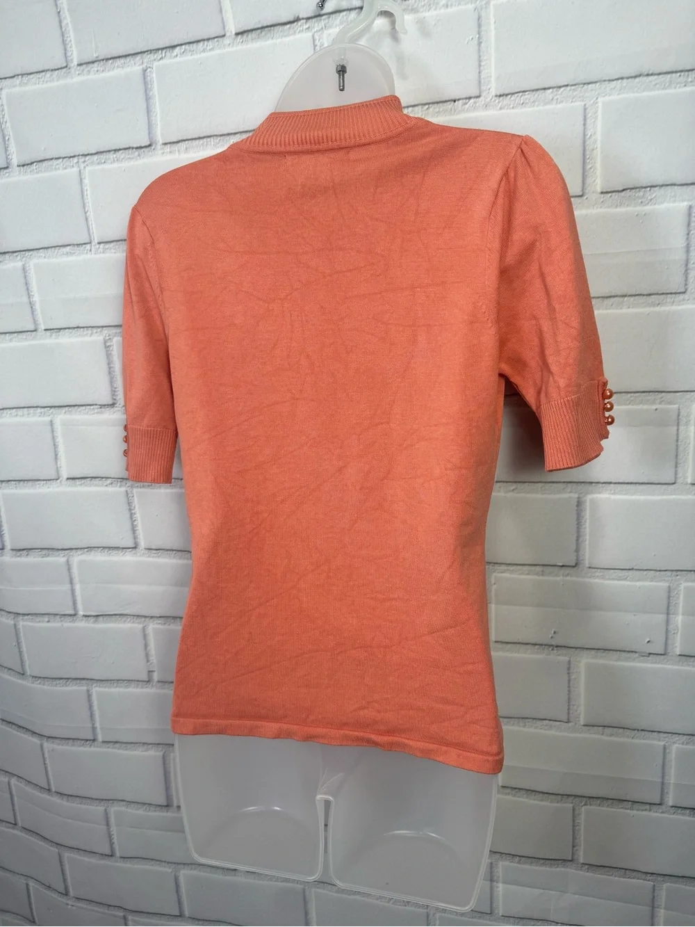 August Silk Knit Mock Neck Short Sleeve Sweater Top Peach Pearl Sleeve Detail/M